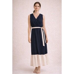DKNY Navy Blue & Cream Ruffled Maxi Sundress Coastal Grandma‎ Nautical Old Money